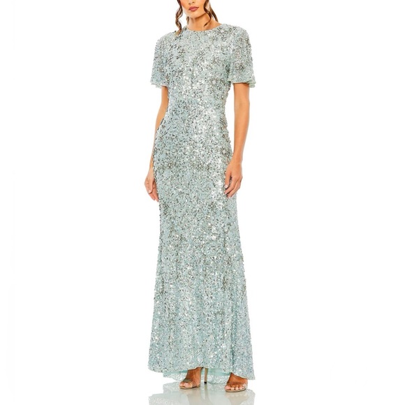 Mac Duggal French Blue Flutter Sleeve Sequins High Neck Evening Gown - Reemoly - Picture 1 of 3